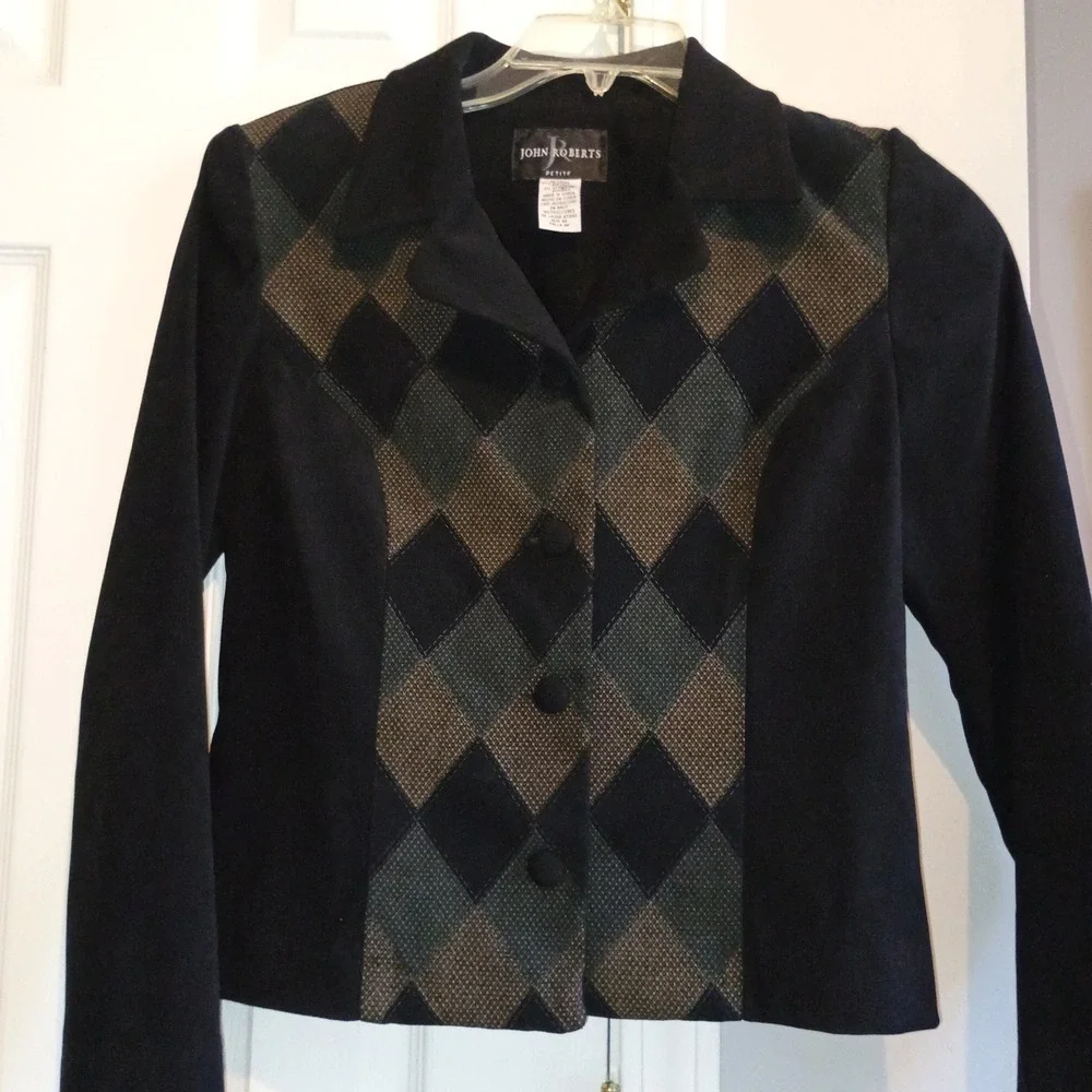 JOHN ROBERTS Petite 8P Vintage Argyle‎ Blazer Jacket Black Green Shoulder Pads - Picture 10 of 13